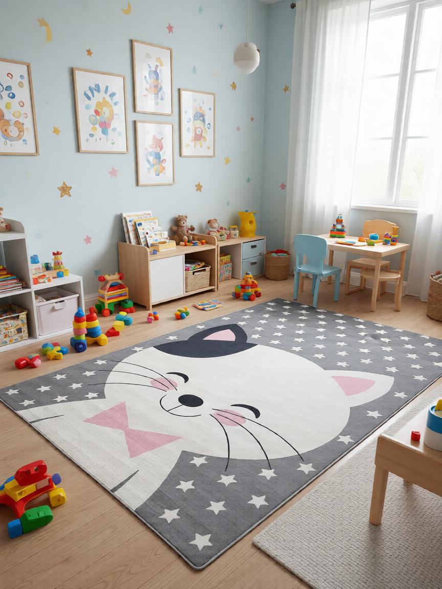 Macska Mintás Szürke Gyerekszőnyeg