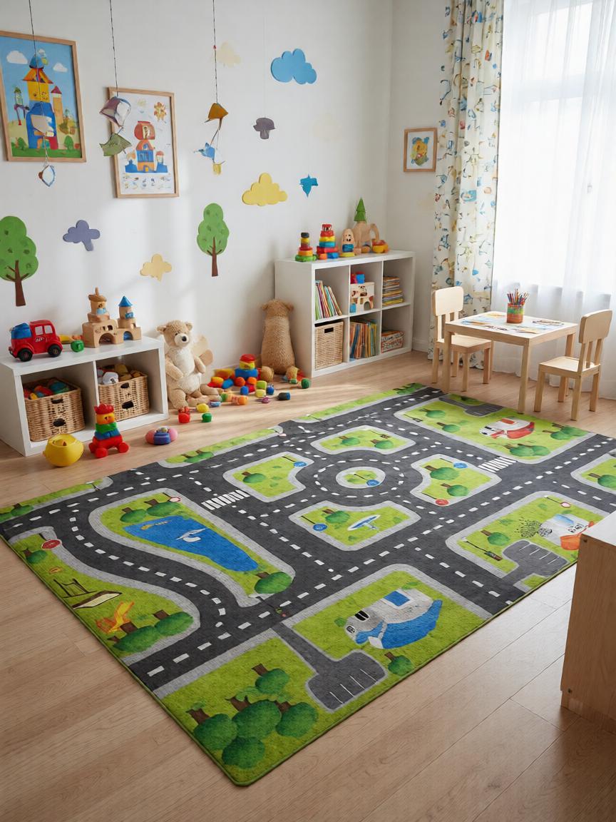 Autópálya Mintás Zöld Gyerekszőnyeg