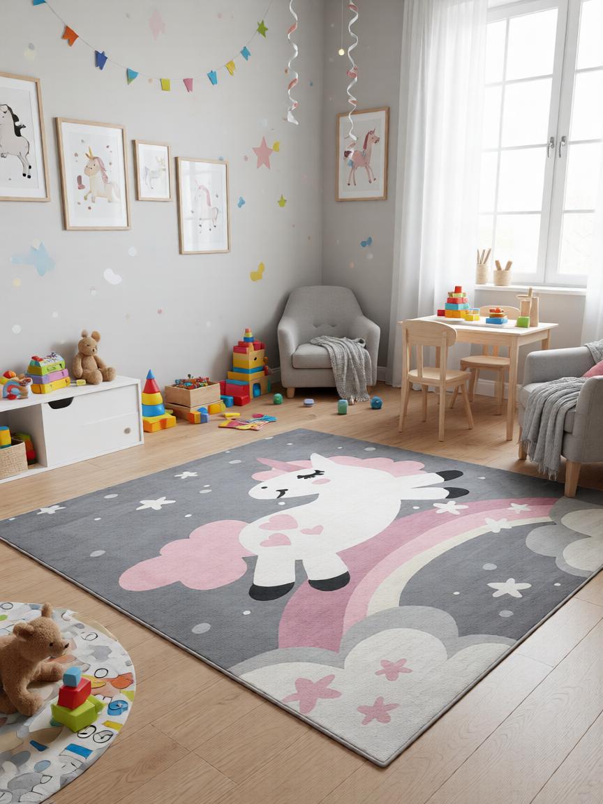 Unikornis Mintás Szürke Gyerekszőnyeg