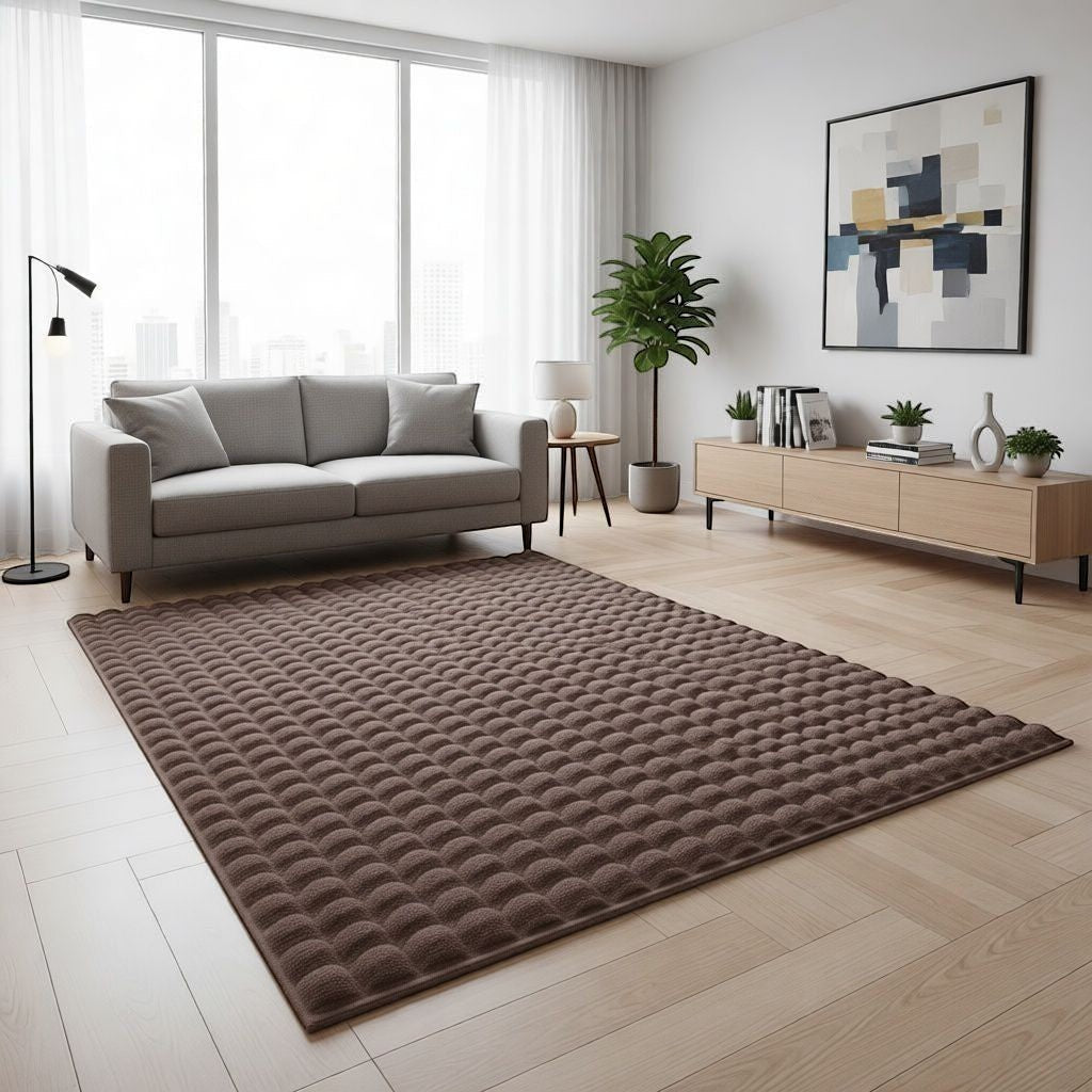 CarpetlyHome 3D buborékos barna szőnyeg, puha, bolyhos, 15 mm szálhossz, polipropilén, anti-allergén, könnyen tisztítható.