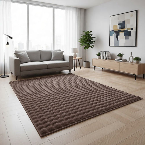 CarpetlyHome 3D buborékos barna szőnyeg, puha, bolyhos, 15 mm szálhossz, polipropilén, anti-allergén, könnyen tisztítható.