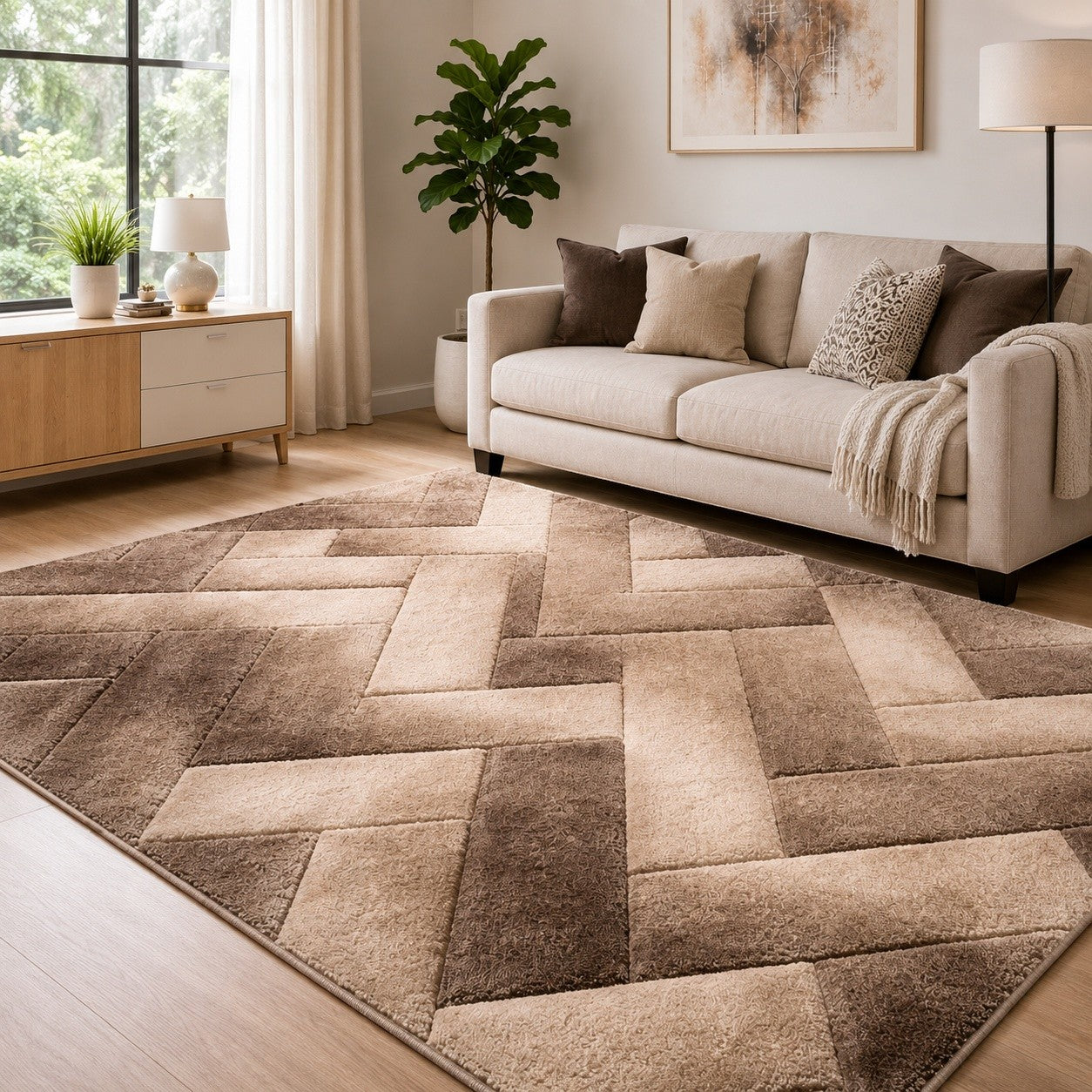 CarpetlyHome 3D California barna-bézs shaggy szőnyeg modern geometriai mintával nappaliban elhelyezve