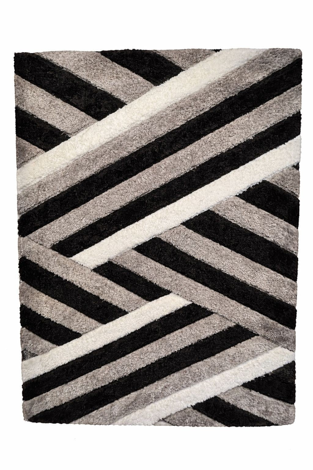 CarpetlyHome 3D California szőnyeg szürke és fekete színben, magas szálú shaggy textúrával és geometrikus mintával.