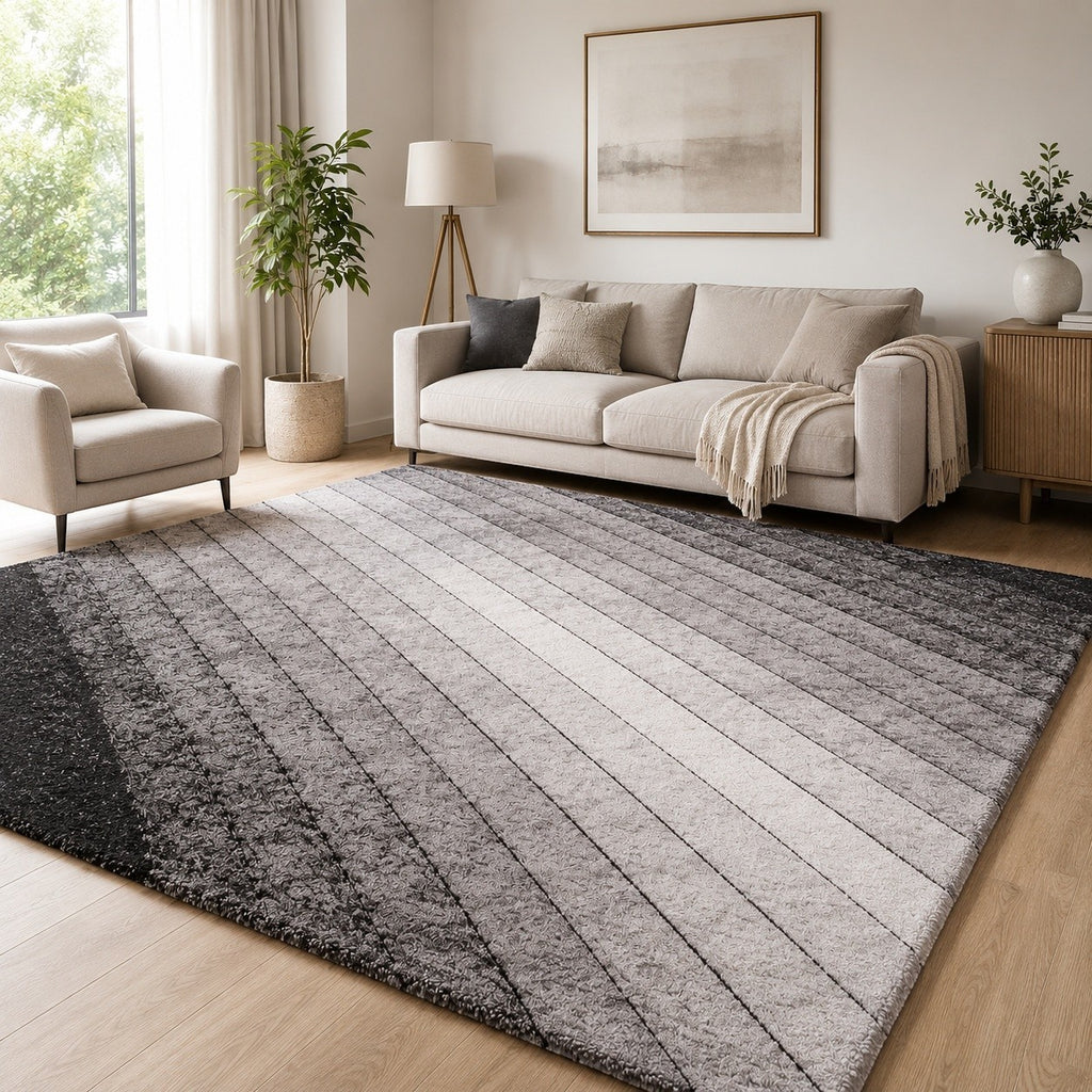 CarpetlyHome 3D California szürke-fekete shaggy szőnyeg modern nappaliban, puha polipropilén szálakkal és mintázattal.