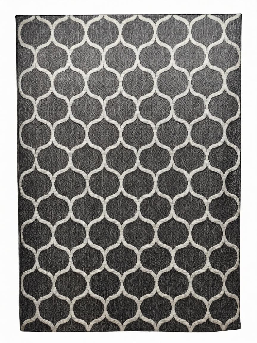 CarpetlyHome antracit szőnyeg fehér geometrikus mintával, 100% polipropilén, 12 mm szálhossz.