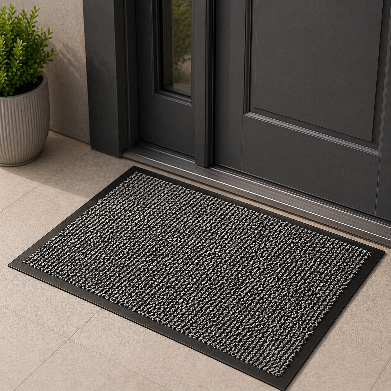 CarpetlyHome antracitszürke szennyfogó szőnyeg, polipropilén, gumírozott hátuljával, beltéri és kültéri használatra.