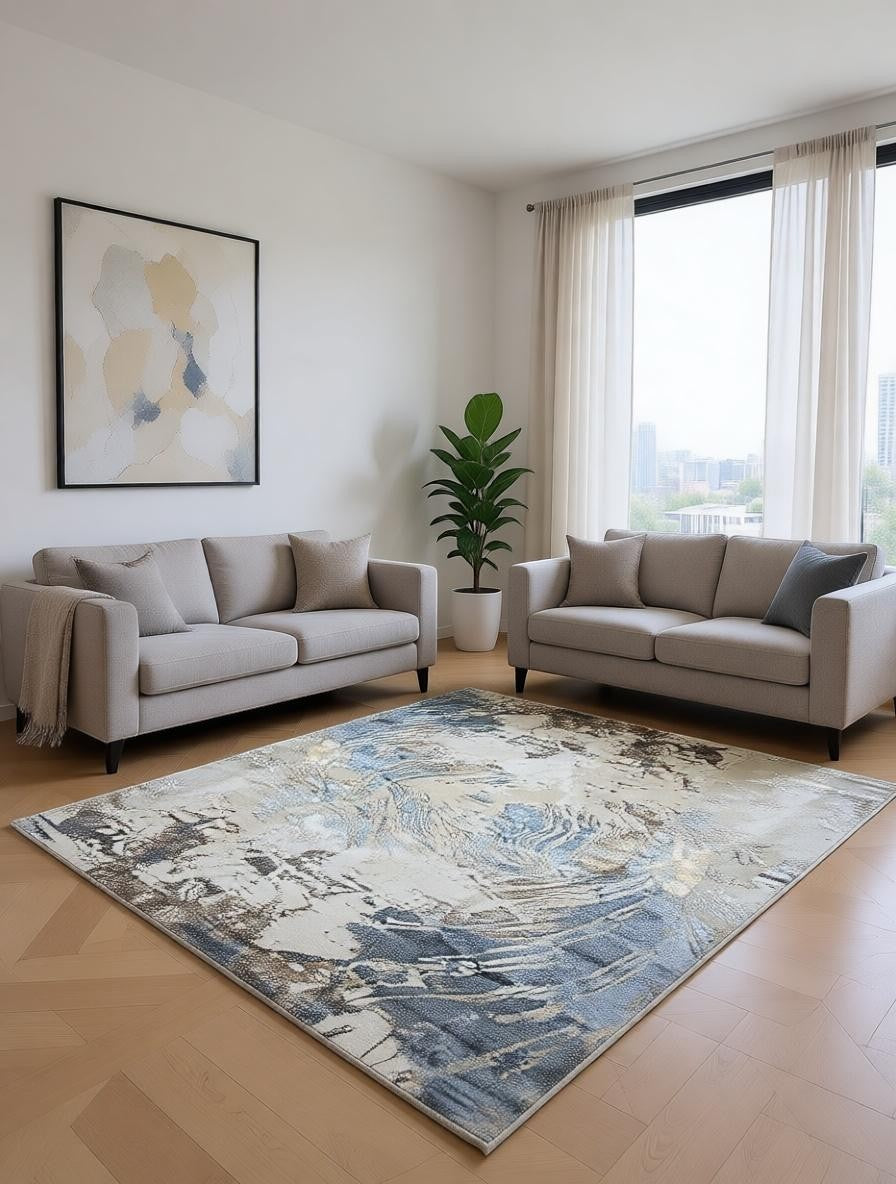 CarpetlyHome ATHENA kékesszürke-bézs márvány mintás modern szőnyeg, 100% polipropilén, 12 mm szálhossz.