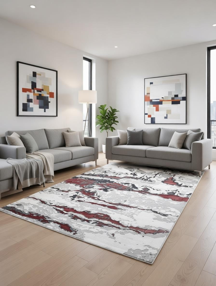 CarpetlyHome ATHENA szürke-bordó márvány mintás modern szőnyeg, 100% polipropilén, 12 mm szálhossz.