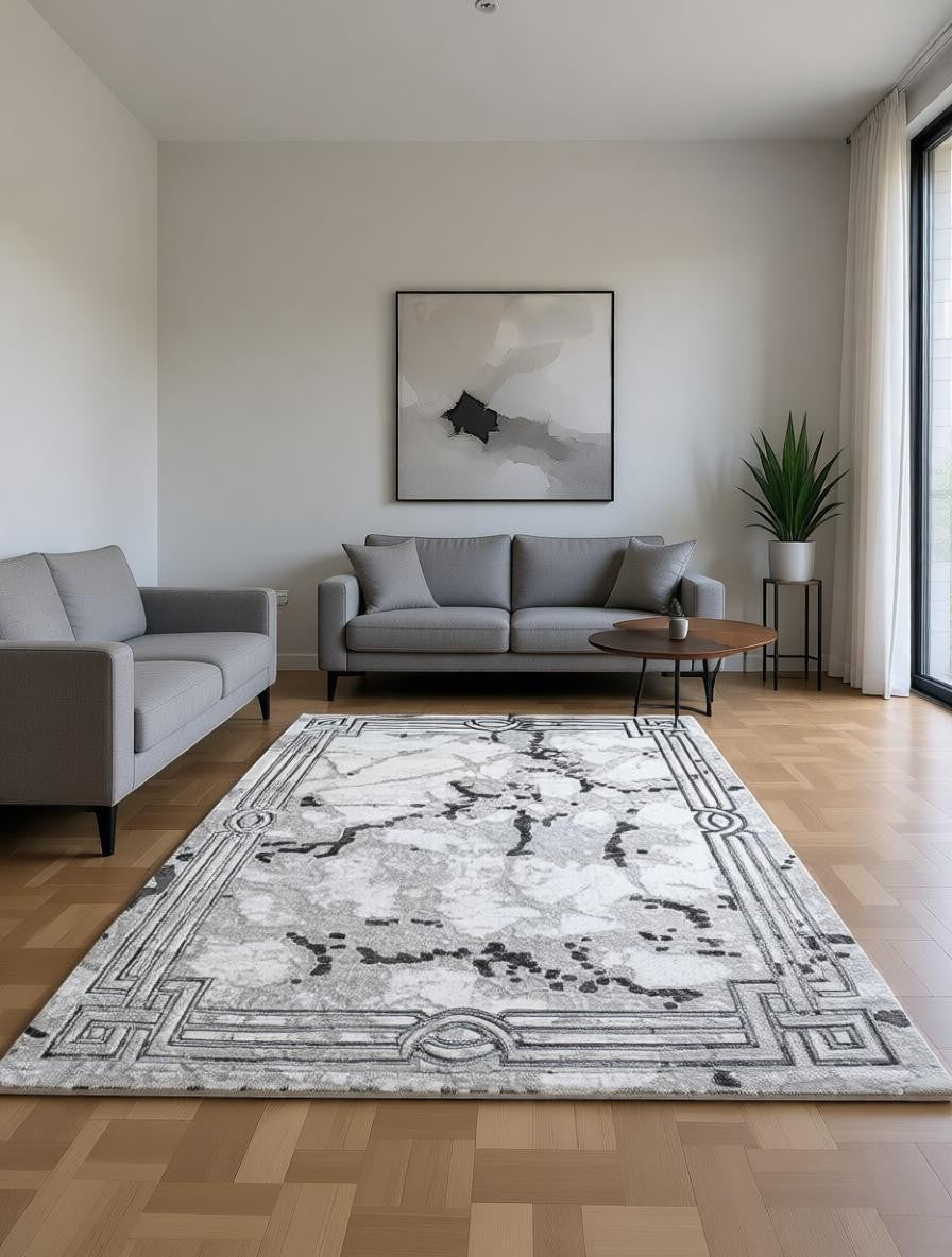 CarpetlyHome ATHENA szürke márványmintás modern szőnyeg, 100% polipropilén, 12 mm szálhossz, elegáns kerettel.