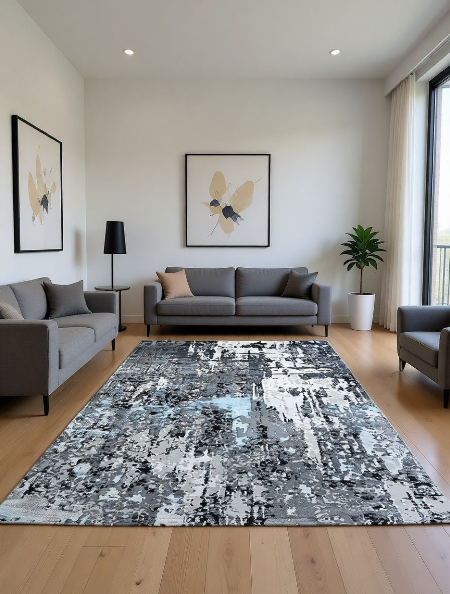 CarpetlyHome ATHENA szürke márvány mintás modern szőnyeg, absztrakt mintával, szürke, fekete és fehér színekben.