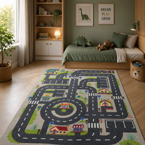 CarpetlyHome autópálya mintás gyerekszőnyeg, szürke, polipropilén, 7mm szálhossz, gumis hátoldal
