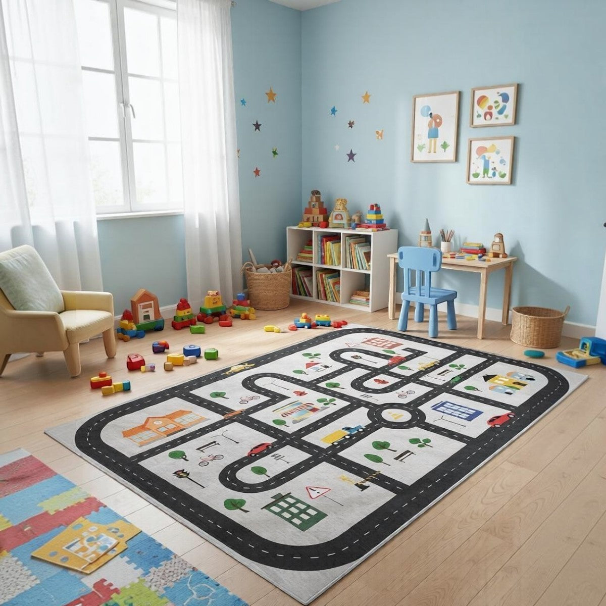 CarpetlyHome autópálya mintás szürke gyerekszőnyeg, puha polipropilén, gumis hátoldal, 8mm szálhossz.
