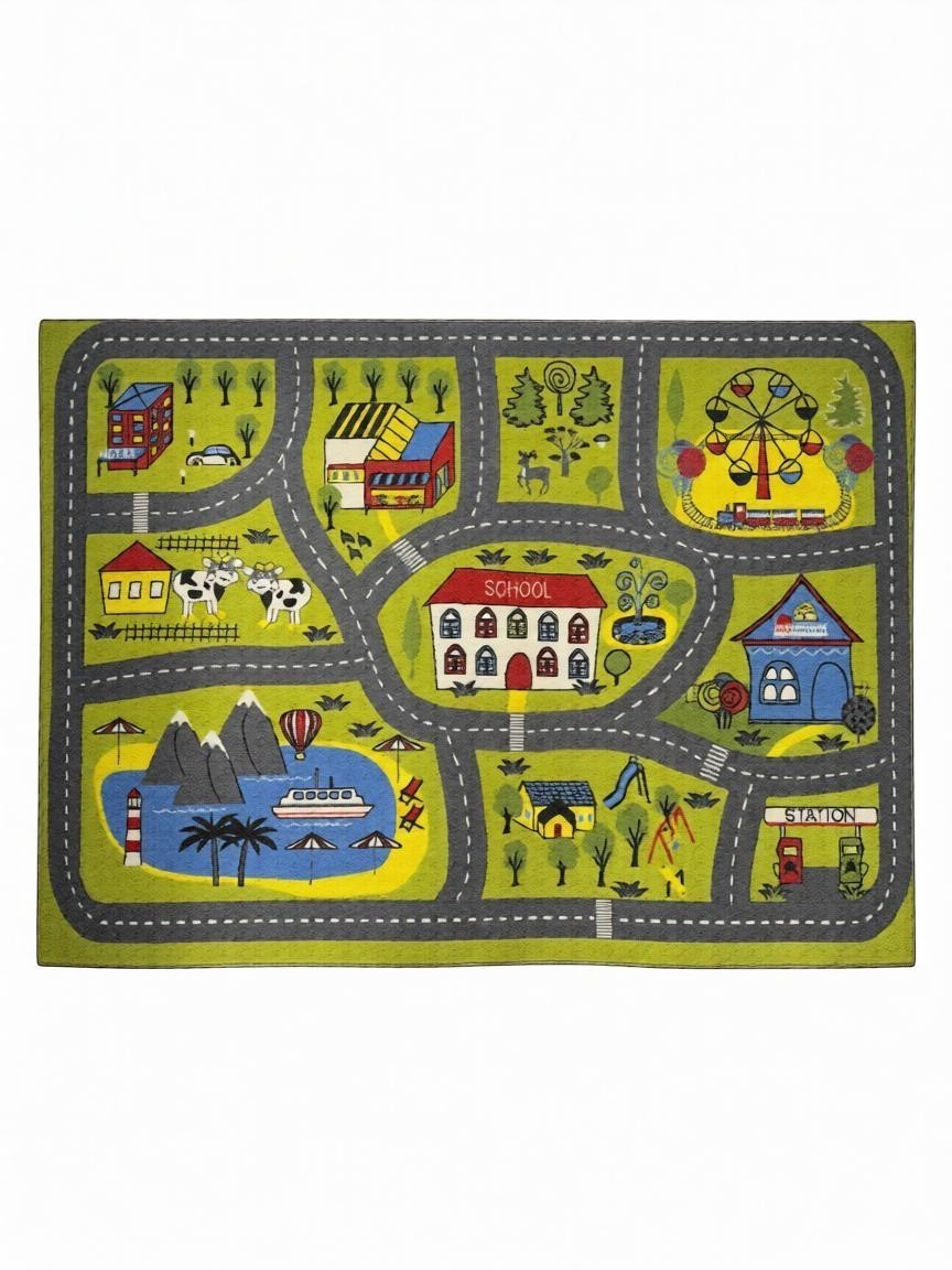 CarpetlyHome autópálya mintás gyerekszőnyeg, élénk zöld, szürke utakkal, vidámparkkal, iskolával, farmmal, tóval.