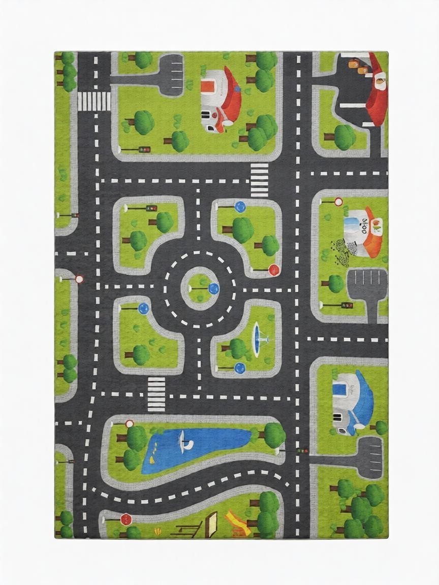 CarpetlyHome autópálya mintás zöld gyerekszőnyeg, polipropilén, csúszásgátló hátoldal, 8mm szálhossz.