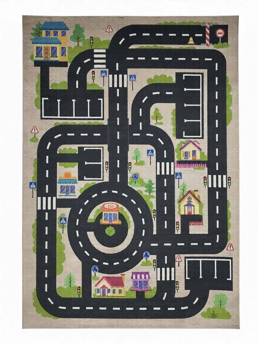 CarpetlyHome autópálya mintás bézs gyerekszőnyeg, 100% polipropilén, 8mm szálhossz, gumis hátoldal.
