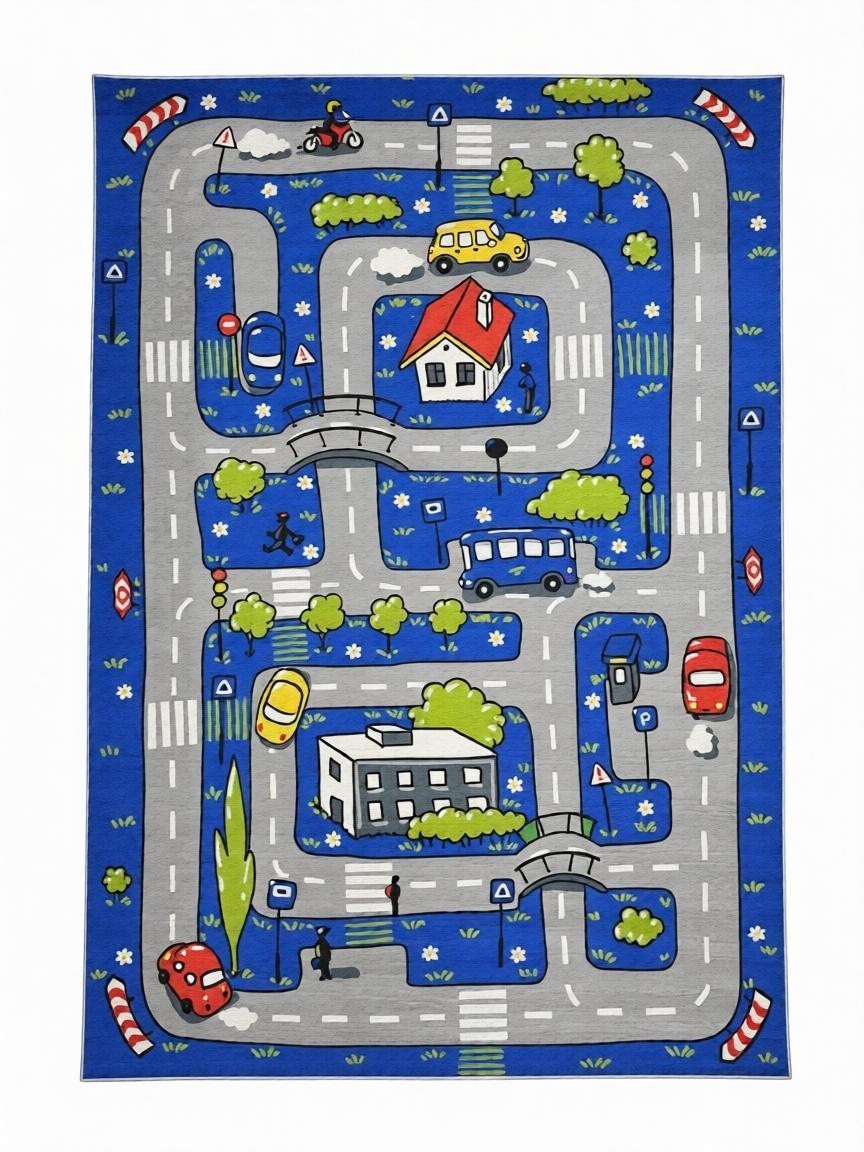 CarpetlyHome autópálya mintás kék gyerekszőnyeg, 100% polipropilén, 8mm szálhossz, csúszásgátló hátoldal