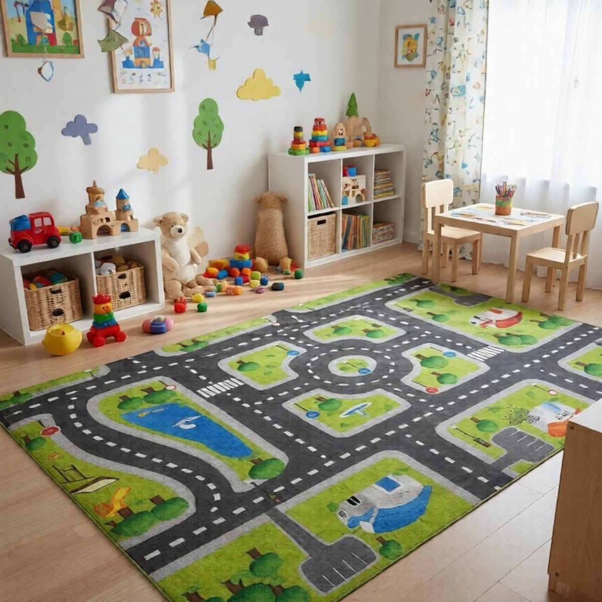 CarpetlyHome autópálya mintás zöld gyerekszőnyeg, polipropilén, 8mm szálhossz, csúszásgátló hátoldal