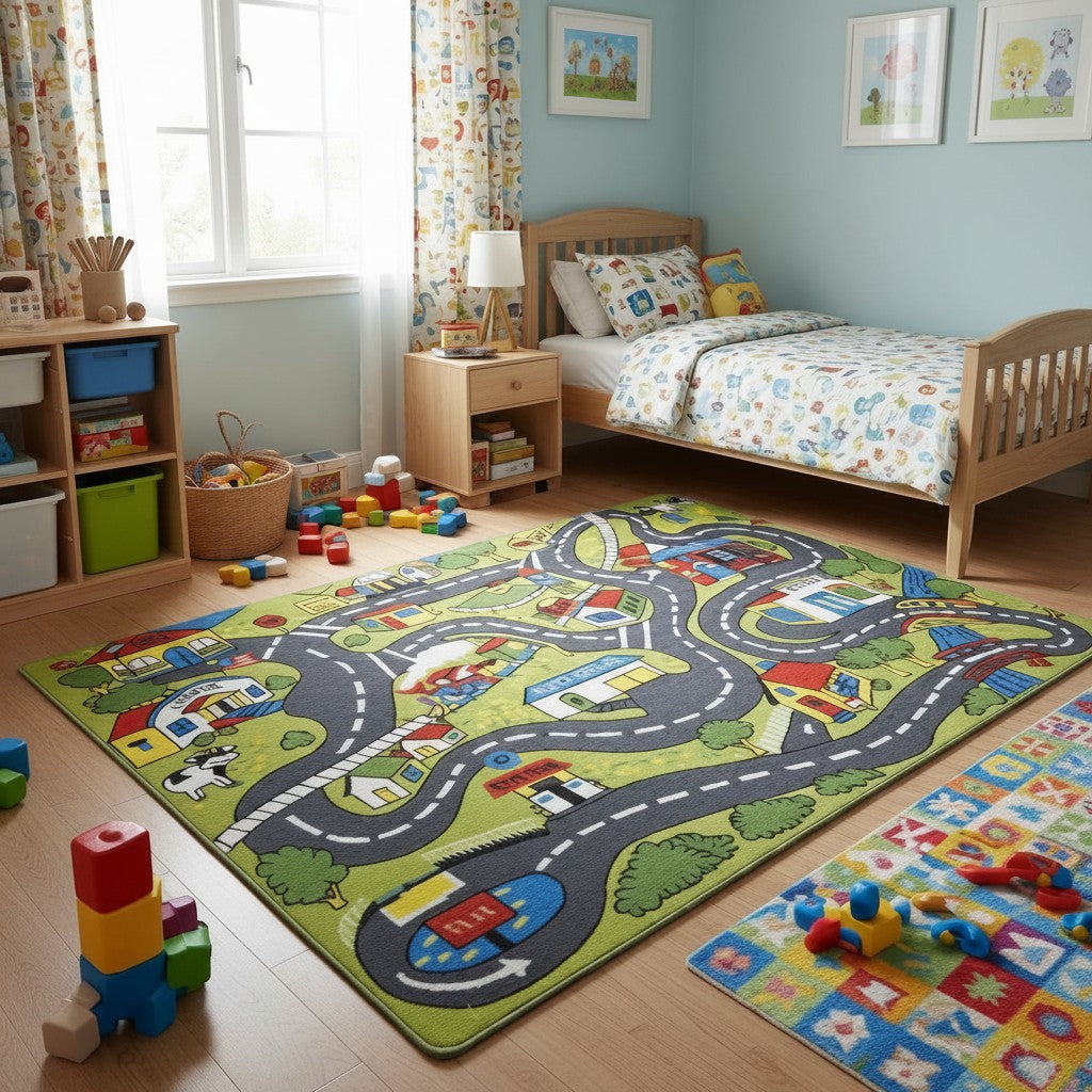 CarpetlyHome zöld autópálya mintás gyerekszőnyeg részletgazdag városi úthálózattal, épületekkel és gumis hátoldallal.