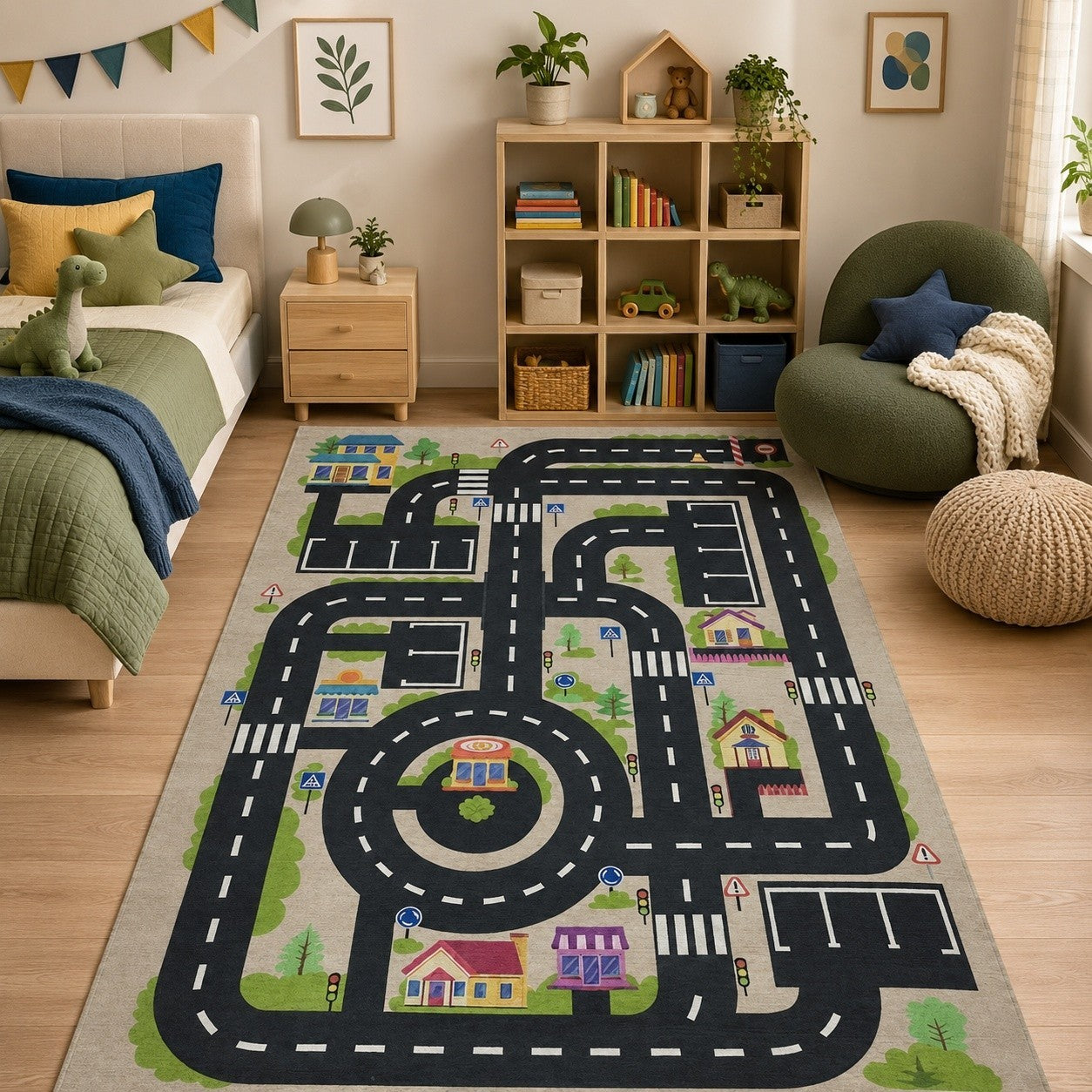 CarpetlyHome bézs autópálya mintás gyerekszőnyeg házikókkal és fákkal egy stílusos gyerekszobában