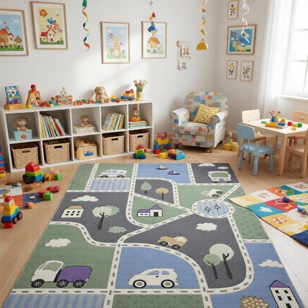 CarpetlyHome autópálya mintás gyerekszőnyeg, 100% polipropilén, 8mm szálhossz, csúszásgátló hátoldal