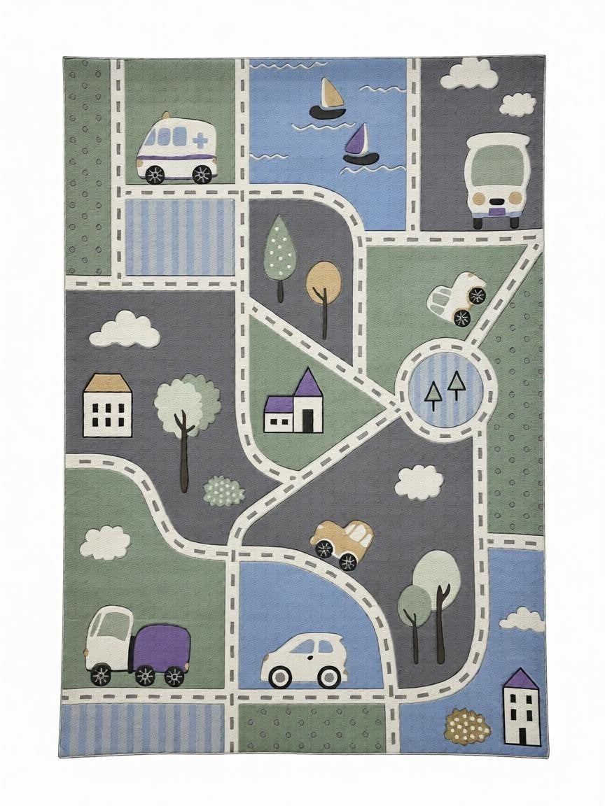 CarpetlyHome autópálya mintás gyerekszőnyeg, 100% polipropilén, csúszásgátló hátoldal, élénk színek, városi utcák, parkok, tengerpart, kisautók, kamionok, mentők, hajók, házak, fák, felhők.