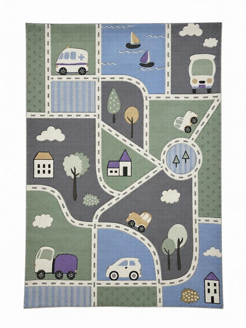 CarpetlyHome autópálya mintás gyerekszőnyeg, 100% polipropilén, csúszásgátló hátoldal, élénk színek, városi utcák, parkok, tengerpart, kisautók, kamionok, mentők, hajók, házak, fák, felhők.