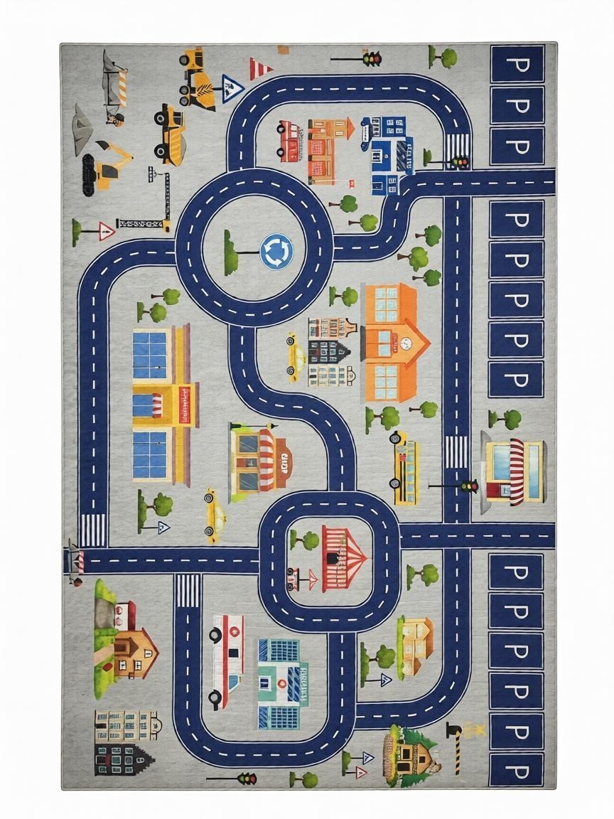 CarpetlyHome autópálya mintás szürke gyerekszőnyeg, polipropilén, 8 mm szálhossz, anti-allergén, padlófűtéshez is alkalmas.