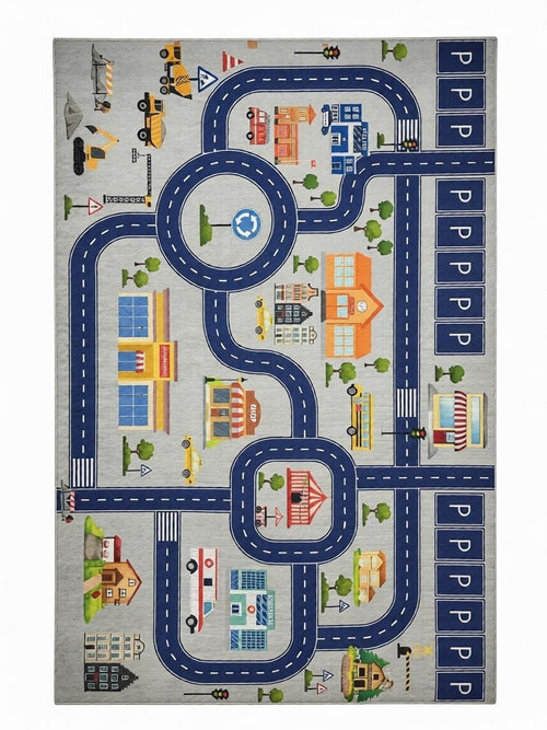 CarpetlyHome autópálya mintás szürke gyerekszőnyeg, polipropilén, 8 mm szálhossz, anti-allergén, padlófűtéshez is alkalmas.