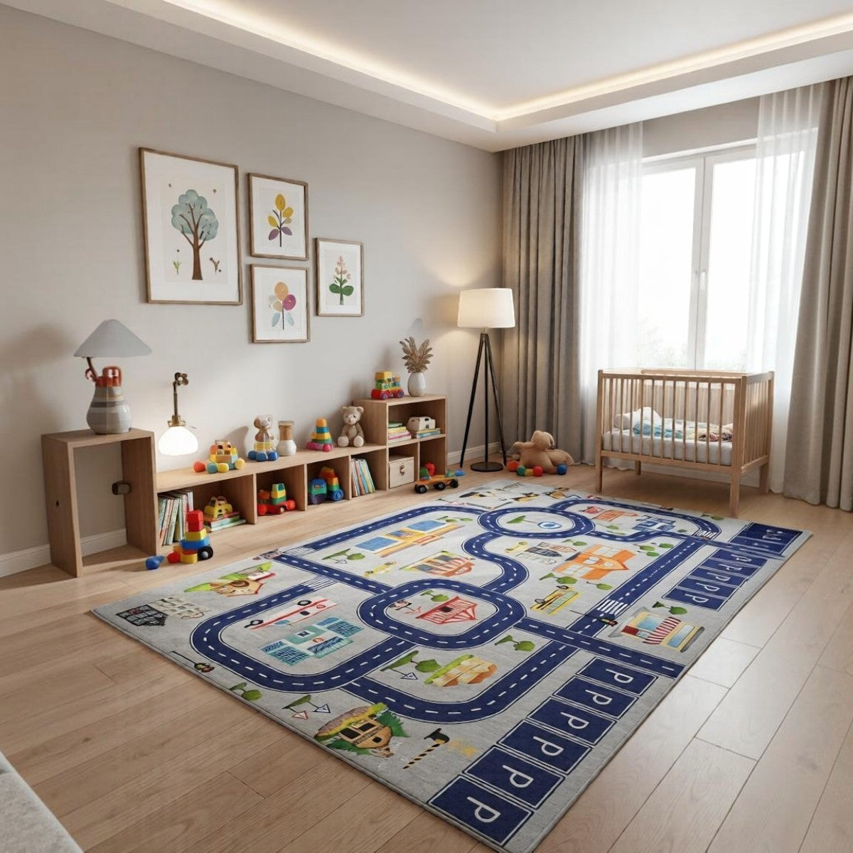 CarpetlyHome autópálya mintás szürke gyerekszőnyeg, 100% polipropilén, 8mm szálhossz, gumis hátoldal