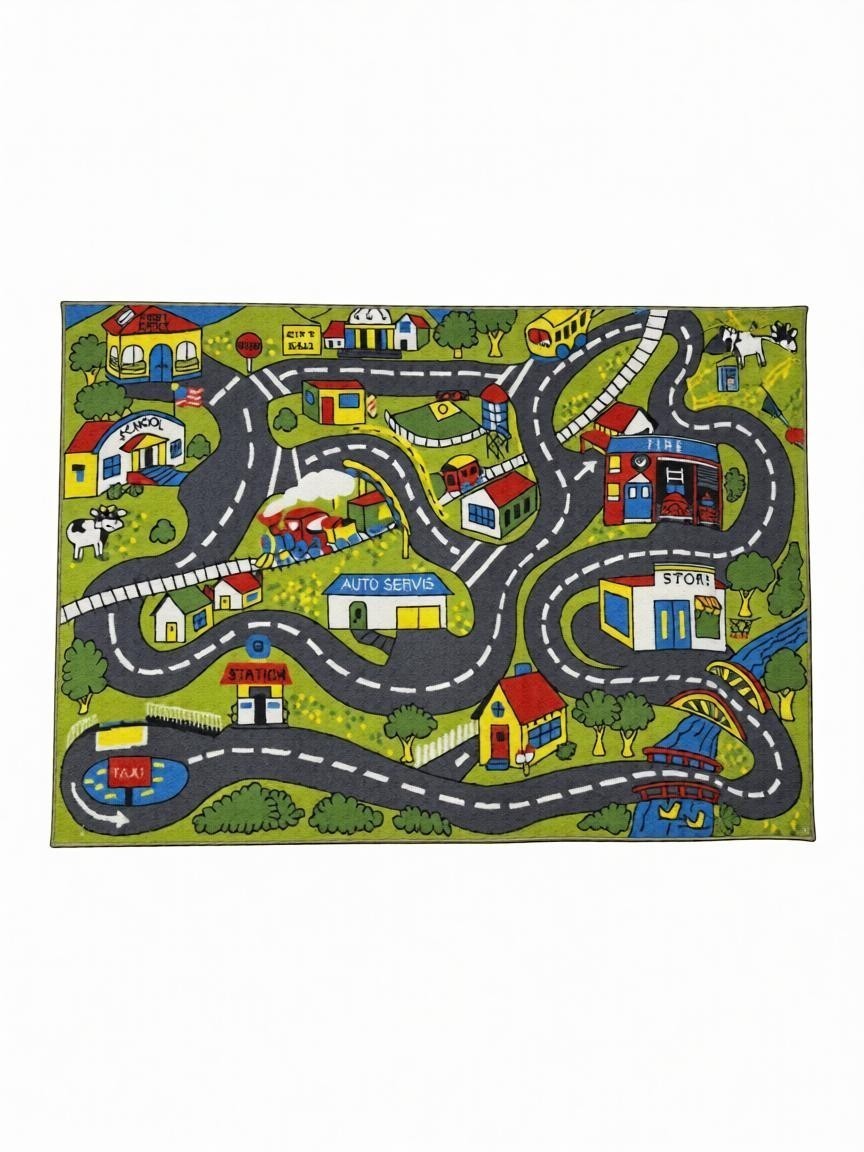 CarpetlyHome autópálya mintás gyerekszőnyeg, zöld alapon részletes úthálózattal, házakkal, boltokkal, tűzoltóállomással, benzinkúttal és híddal.