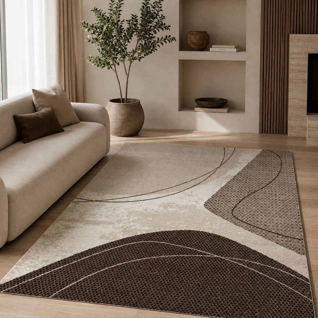 CarpetlyHome barna-bézs absztrakt hullám mintás modern szőnyeg, 100% polipropilén, 10 mm szálhossz.