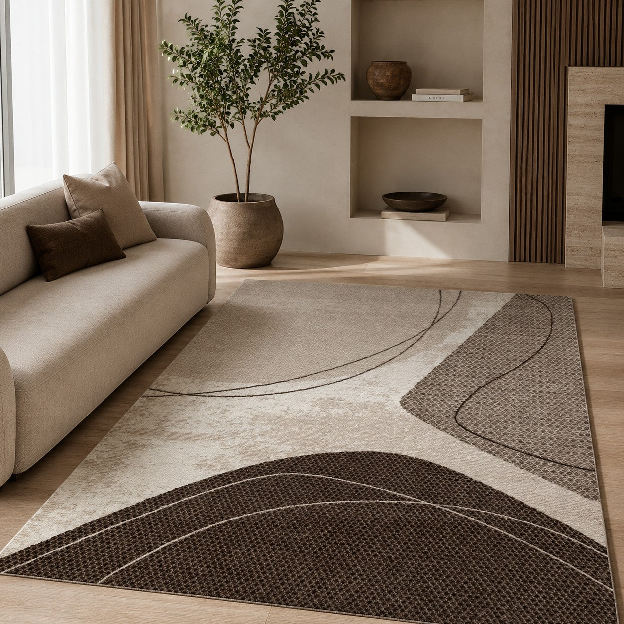 CarpetlyHome barna-bézs absztrakt hullám mintás modern szőnyeg, 100% polipropilén, 10 mm szálhossz.