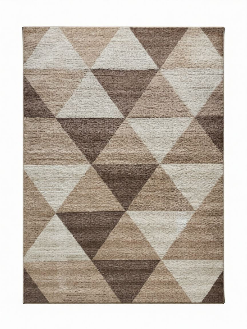 CarpetlyHome barna-bézs háromszög mintás modern szőnyeg, 100% polipropilén, 10 mm szálhossz.