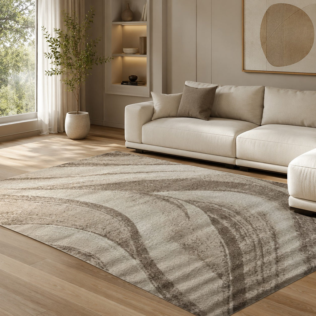 CarpetlyHome barna-bézs hullám mintás modern szőnyeg, 100% polipropilén, 10 mm szálhossz.