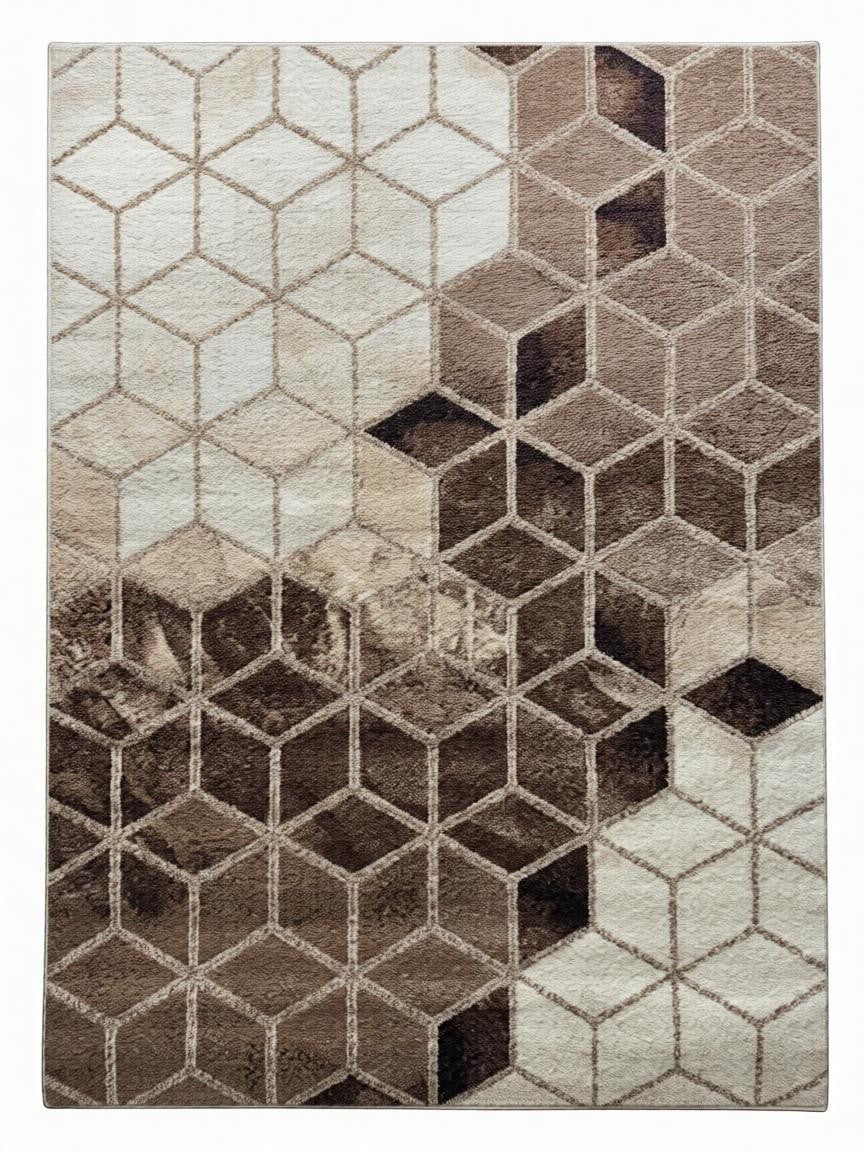 CarpetlyHome barna-bézs kockamintás polipropilén szőnyeg, 10 mm szálhosszúság, modern dizájnnal.