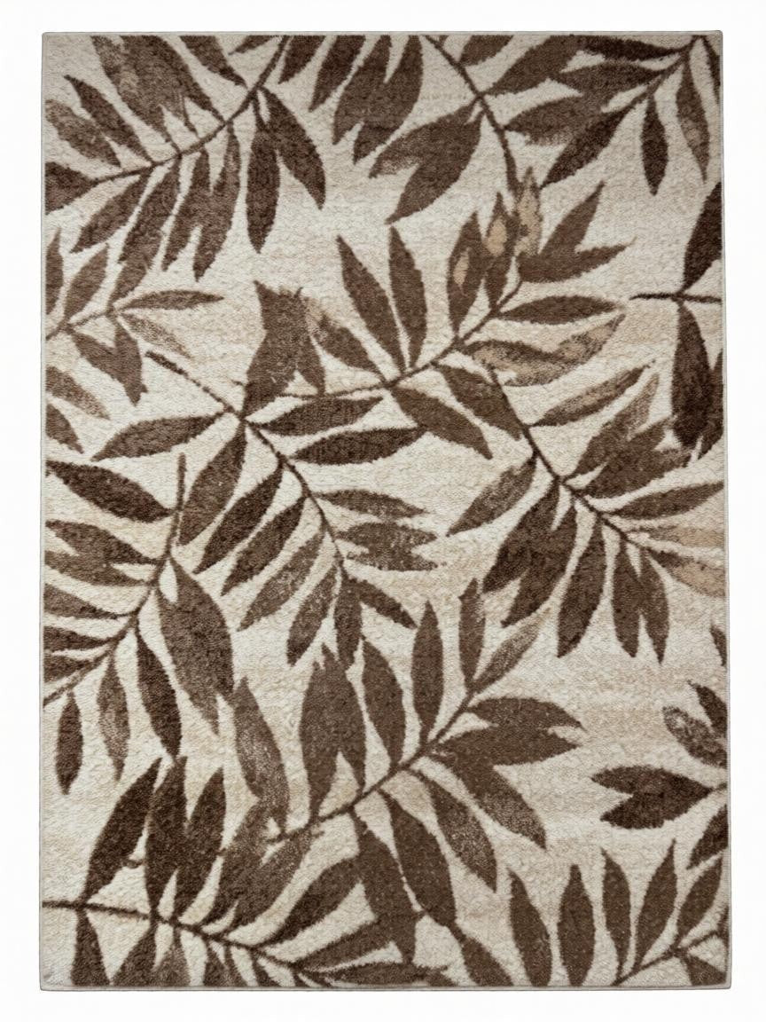 CarpetlyHome barna-bézs levélmintás modern szőnyeg, 100% polipropilén, 10 mm szálhossz.