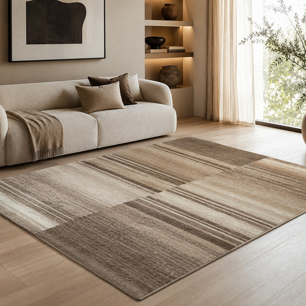 CarpetlyHome barna-bézs csíkos mintás modern szőnyeg, 100% polipropilén, 10 mm szálhossz, padlófűtéshez is alkalmas