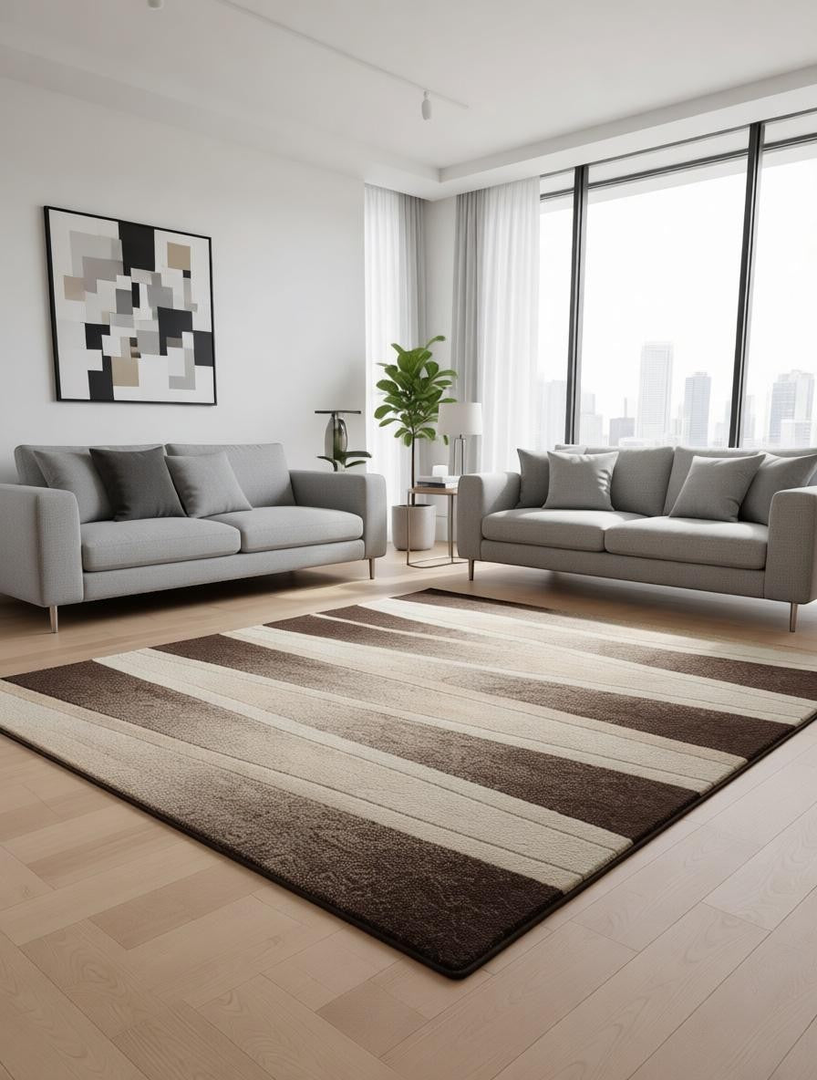 CarpetlyHome barna, bézs és krém színű, csíkos mintás, modern, polipropilén szőnyeg, 12 mm szálhosszúsággal.