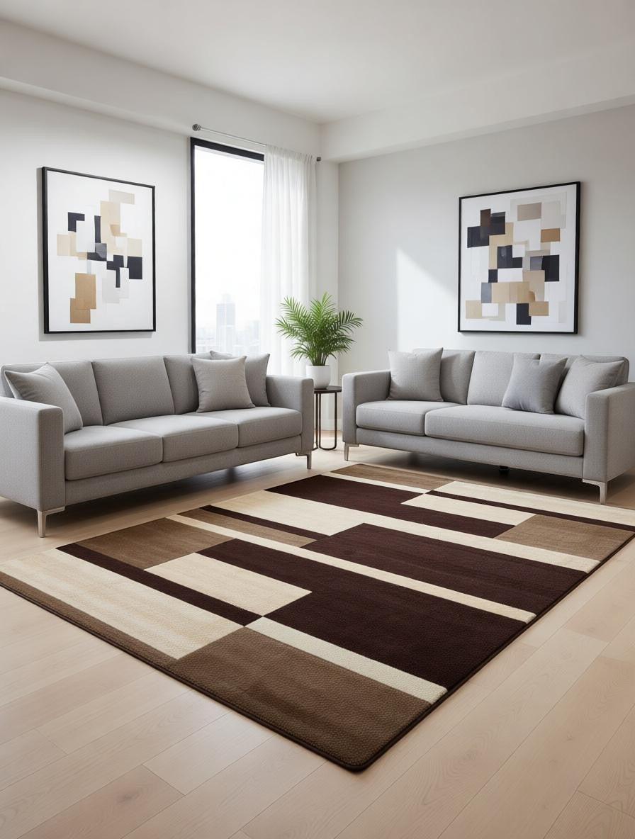 CarpetlyHome barna, bézs és krém színű, geometriai mintás, modern szőnyeg, 100% polipropilén, 12 mm szálhossz.