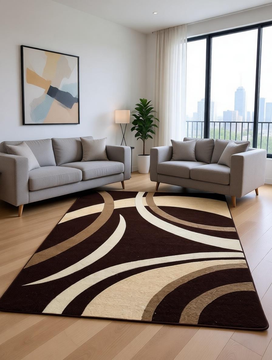 CarpetlyHome barna geometrikus mintás modern szőnyeg, 100% polipropilén, 12 mm szálhossz, anti-allergén, padlófűtéshez is alkalmas.