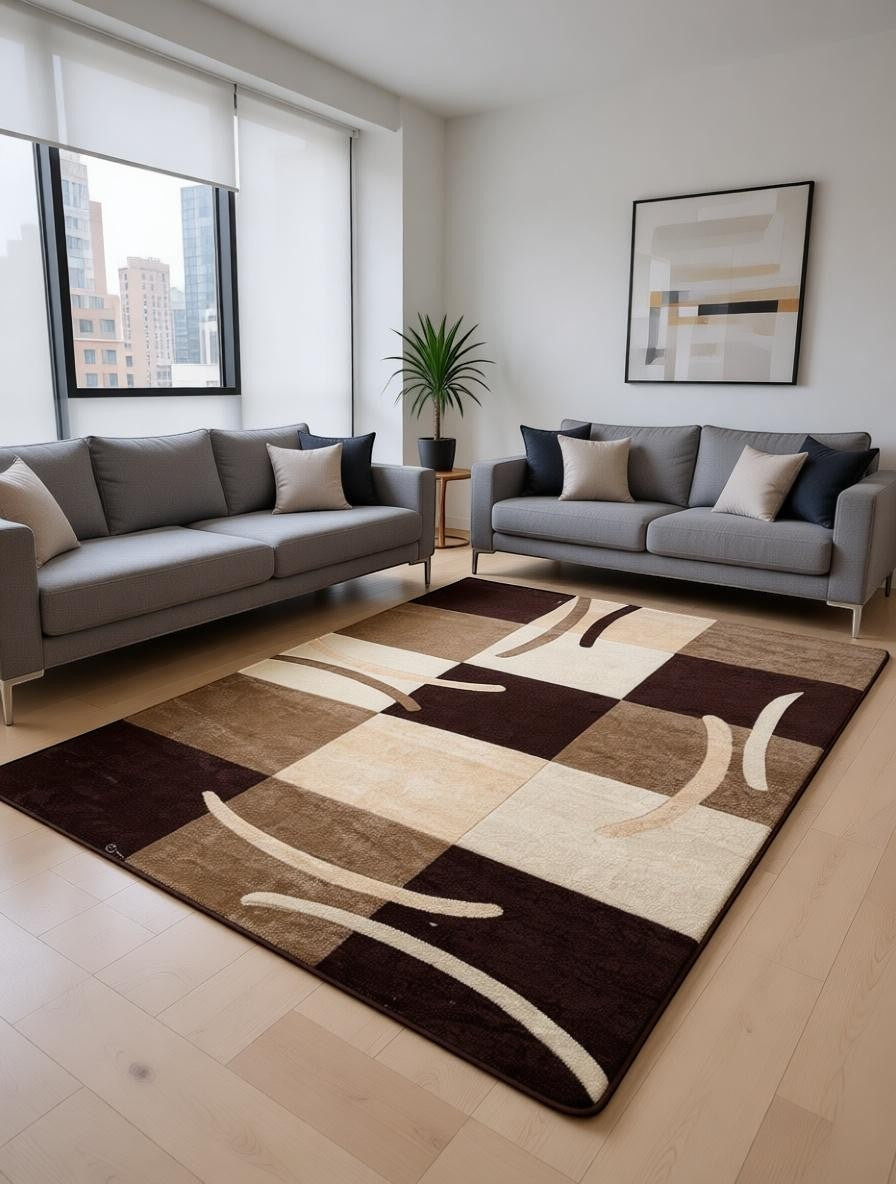 CarpetlyHome barna geometrikus mintás modern szőnyeg, 100% polipropilén, 12 mm szálhossz, padlófűtéshez is alkalmas.