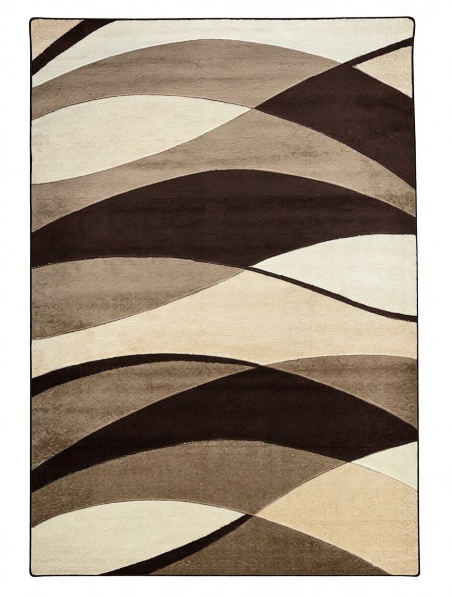 CarpetlyHome barna, bézs és krémszínű hullámos geometrikus mintás modern szőnyeg, 100% polipropilén, 12 mm szálhossz.