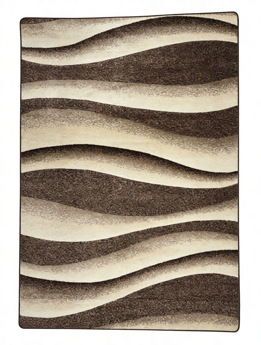 CarpetlyHome barna és bézs hullámos geometrikus mintás modern szőnyeg, 100% polipropilén, 12 mm szálhossz.