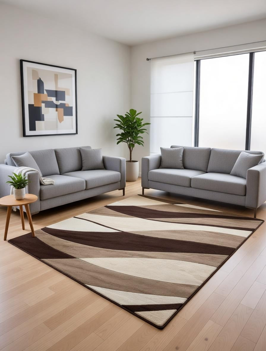 CarpetlyHome barna, bézs és krémszínű hullámos mintás modern szőnyeg, 100% polipropilén, 12 mm szálhossz.