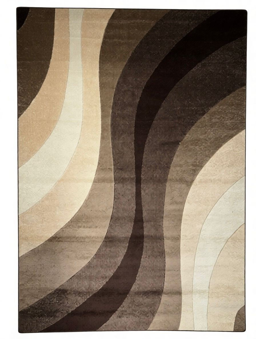 CarpetlyHome barna geometrikus mintás modern szőnyeg, hullámzó mintával, bézs és barna árnyalatokkal, 100% polipropilén, 12 mm szálhossz.