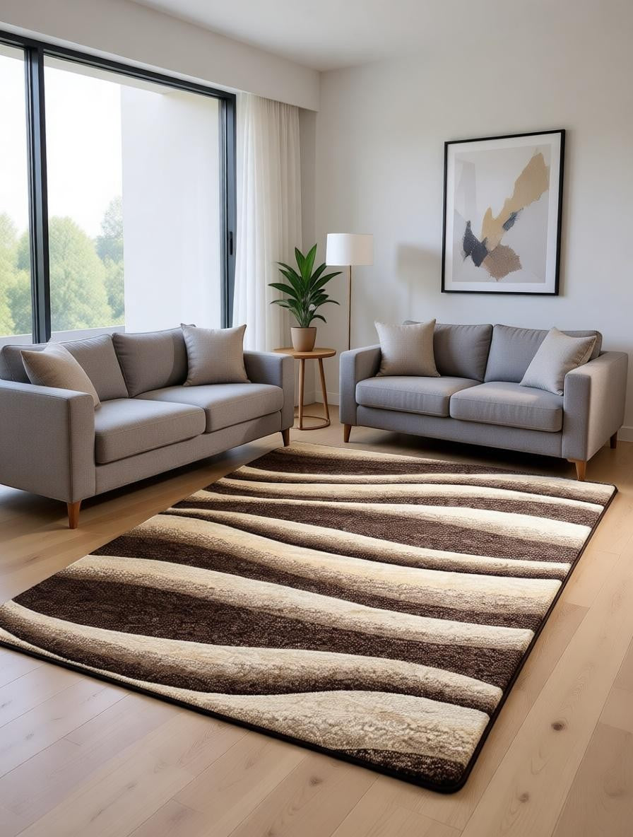 CarpetlyHome barna és bézs hullámos geometrikus mintás modern szőnyeg, 100% polipropilén, 12 mm szálhossz.
