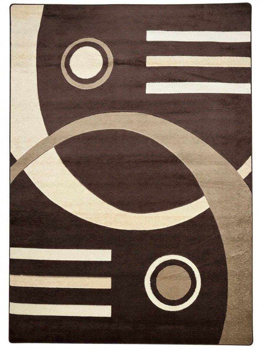 CarpetlyHome barna, bézs és krémszínű geometrikus mintás modern szőnyeg, 100% polipropilén, 12 mm szálhossz.