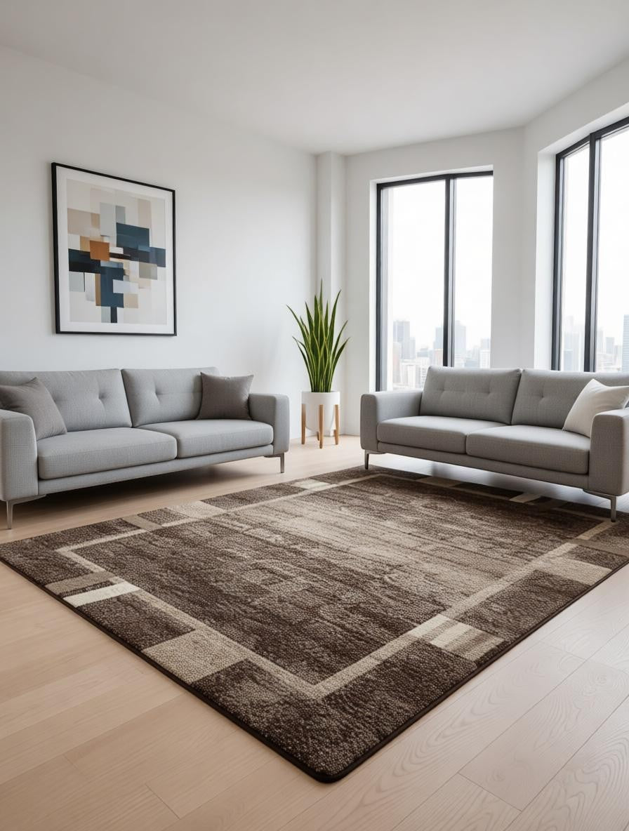 CarpetlyHome barna geometrikus mintás modern szőnyeg, 100% polipropilén, 12 mm szálhossz, padlófűtéshez is alkalmas.