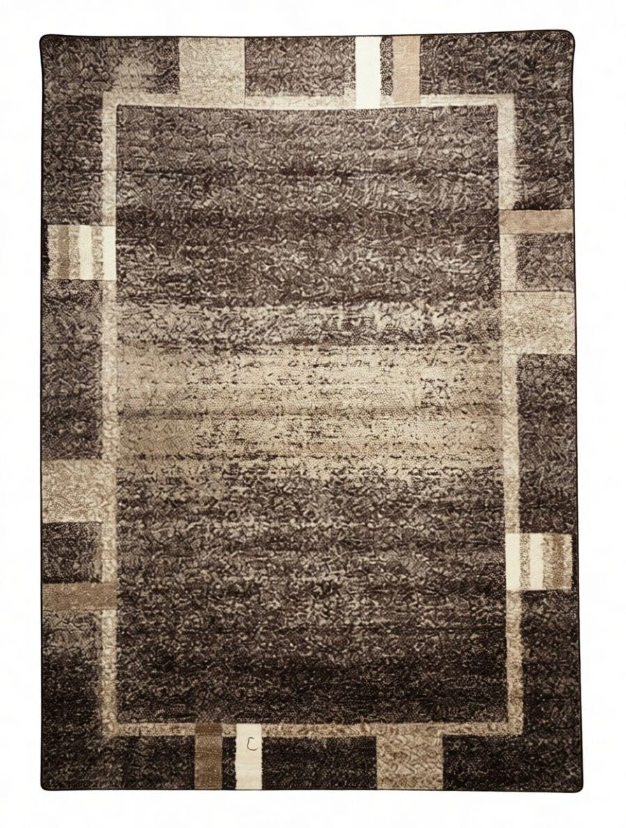 CarpetlyHome barna geometrikus mintás modern szőnyeg, 100% polipropilén, 12 mm szálhossz, padlófűtéshez is alkalmas.