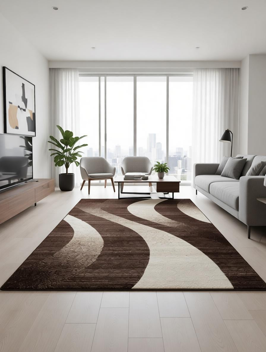 CarpetlyHome barna színű, hullámmintás modern szőnyeg, 100% polipropilén, 12 mm szálhossz.